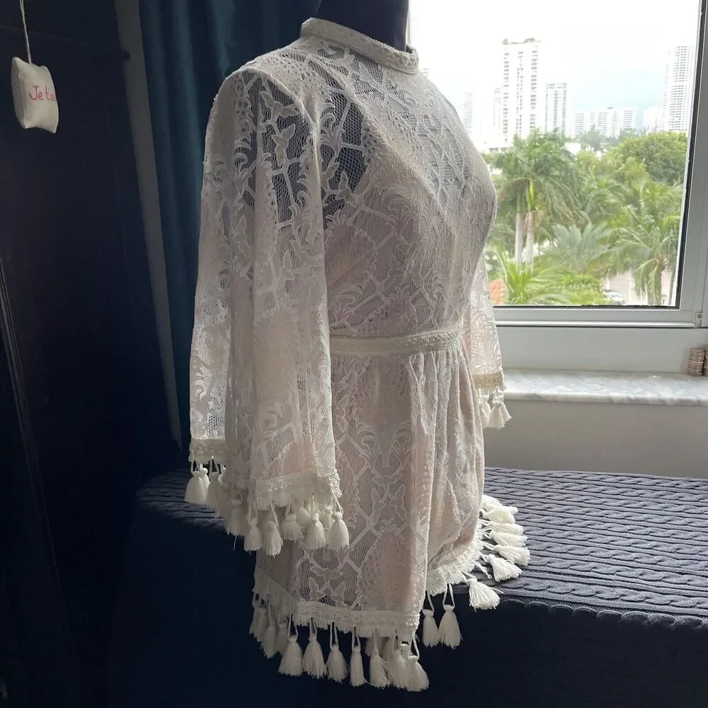 L’atiste by Amy Lace Tassel Romper-Cream/Blush Lined Size:  S - Picture 4 of 16